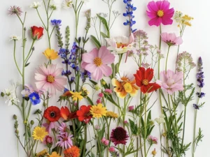 Verschillende soorten bloemen neergelegd op een witte achtergrond, de bloemist stelt een boeket bloemen samen. Een boeket als keuze van de bloemist.